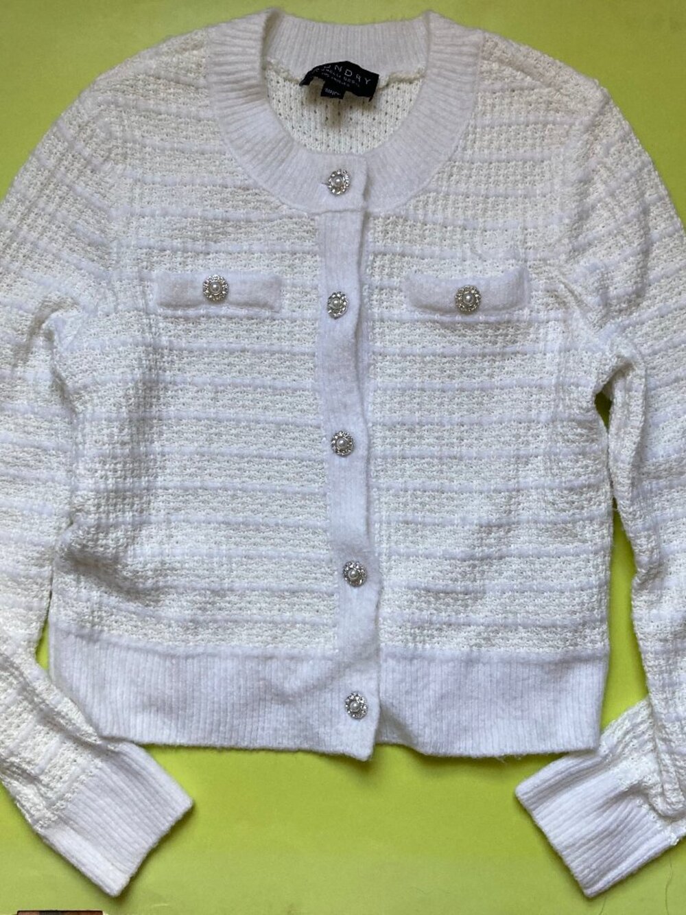 Laundry by Shelli Segal white boucle jeweled button cardigan sweater Small